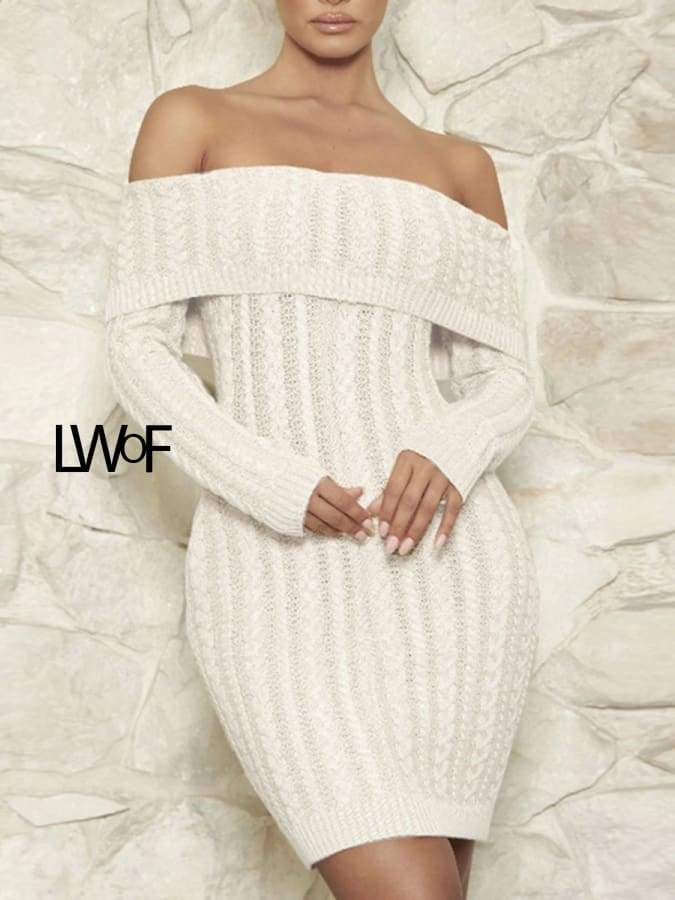 White off shoulder backless knitted dress