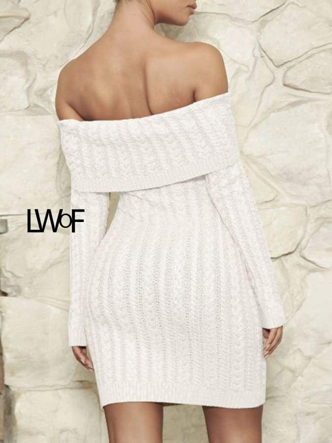 White off shoulder backless knitted dress