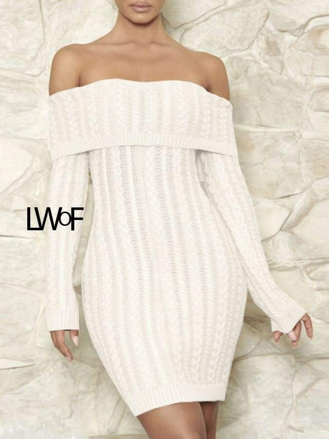 White off shoulder backless knitted dress