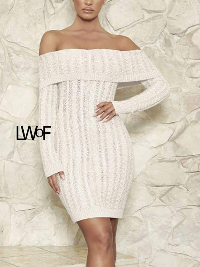 White off shoulder backless knitted dress